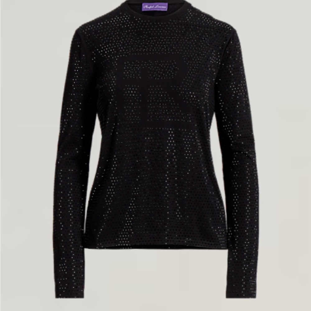 Ralph Lauren Purple Label Top Womens S Black RL Embellished Long Sleeve Tee